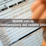 Sfondo persona al pc che compila la dichiarazione dei redditi e scritta in sovraimpressione: "3600€ con la Dichiarazione dei redditi 2025"