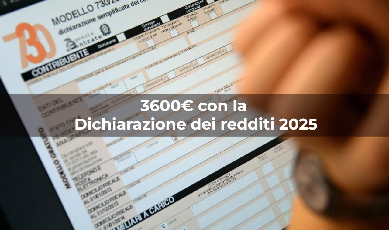 Sfondo persona al pc che compila la dichiarazione dei redditi e scritta in sovraimpressione: "3600€ con la Dichiarazione dei redditi 2025"