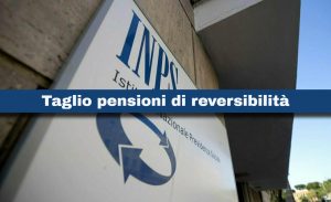 Insegna INPS e scritta "Taglio pensioni di reversibilità"
