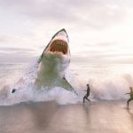 Squalo enorme che emerge dalla riva del mare e due surfisti spaventati