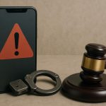 Smartphone con simbolo di allerta sullo sfondo, delle manette sul tavolo e un martello del giudice: app illegali