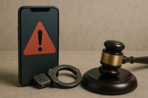 Smartphone con simbolo di allerta sullo sfondo, delle manette sul tavolo e un martello del giudice: app illegali