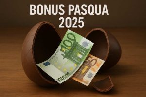 Illustrazione uovo di pasqua aperto e scritta bonus pasqua 2025