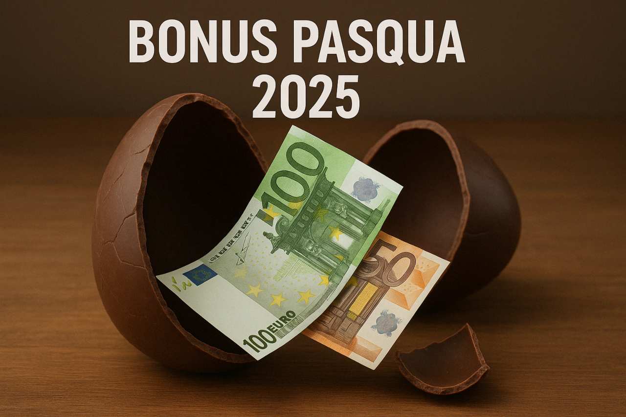Illustrazione uovo di pasqua aperto e scritta bonus pasqua 2025