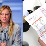 Collage doppio con bolletta energia elettrica e Giorgia Meloni