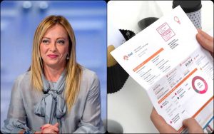 Collage doppio con bolletta energia elettrica e Giorgia Meloni