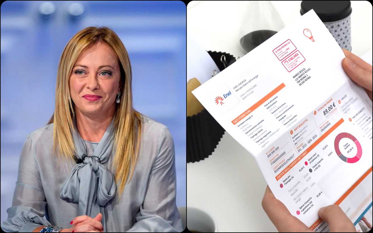 Collage doppio con bolletta energia elettrica e Giorgia Meloni