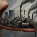 Illustrazione di inquinamento: donna che apre la bocca e tiene centrali e materiali inquinanti sopra la lingua