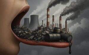 Illustrazione di inquinamento: donna che apre la bocca e tiene centrali e materiali inquinanti sopra la lingua