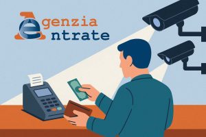 Illustrazione di un uomo che paga in contanti sotto l’occhio di diverse telecamere di sorveglianza, con il logo dell’Agenzia delle Entrate sullo sfondo
