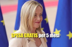 Giorgia Meloni sorridente e scritta "spesa gratis per 5 mesi"