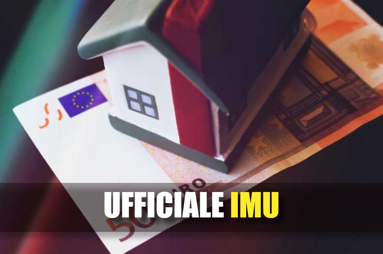 Illustrazione casa sopra a banconota da 50€ e scritta "ufficiale imu"