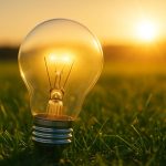 Una lampadina a incandescenza, appoggiata su un prato verde, riflette la luce calda del sole al tramonto