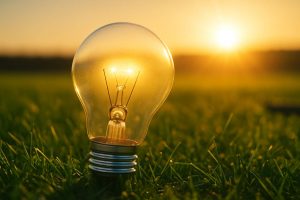Una lampadina a incandescenza, appoggiata su un prato verde, riflette la luce calda del sole al tramonto