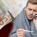 Due immagini contrapposte: lavoratore malato e forbici che tagliano le banconote da 50€: malattia non retribuita