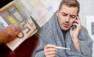 Due immagini contrapposte: lavoratore malato e forbici che tagliano le banconote da 50€: malattia non retribuita