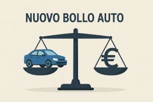 Illustrazione bilancia con una macchina e il simbolo €. Scritta "nuovo bollo auto"
