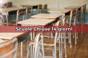Banchi di una classe e la scritta "scuole chiuse 14 giorni"