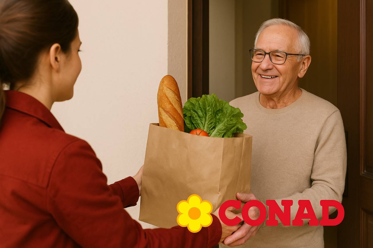 Uomo anziano che riceve la spesa a domicilio e logo Conad