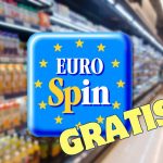 Supermercato sullo sfondo, scritta "gratis" e logo Eurospin