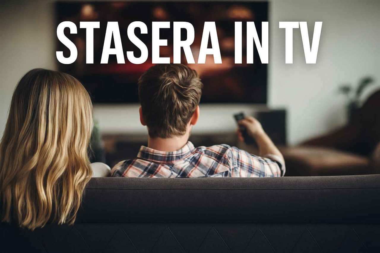 Due persone che guardano la tv e la scritta "stasera in tv"