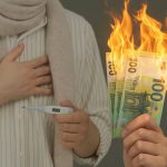 Persona malata con sciarpa e termometro sullo sfondo e primo piano con banconote da 100€ che vanno a fuoco: illustrazione della decurtazione dello stipendio durante i giorni di malattia