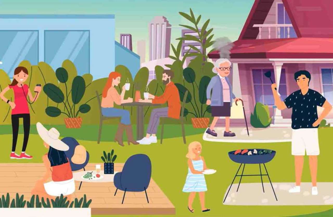 Test visivo: il disegno di una giornata in giardino con il barbecue, alcune persone e due robot
