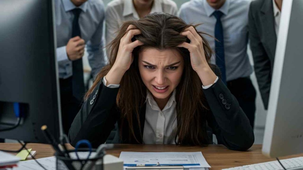 Ragazza oberata di lavoro che si tiene la testa disperata