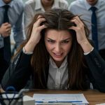 Ragazza oberata di lavoro che si tiene la testa disperata