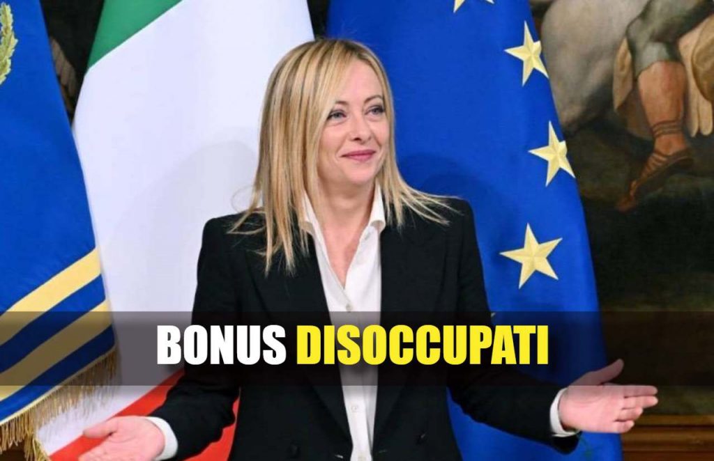 Giorgia Meloni e scritta "Bonus disoccupati"