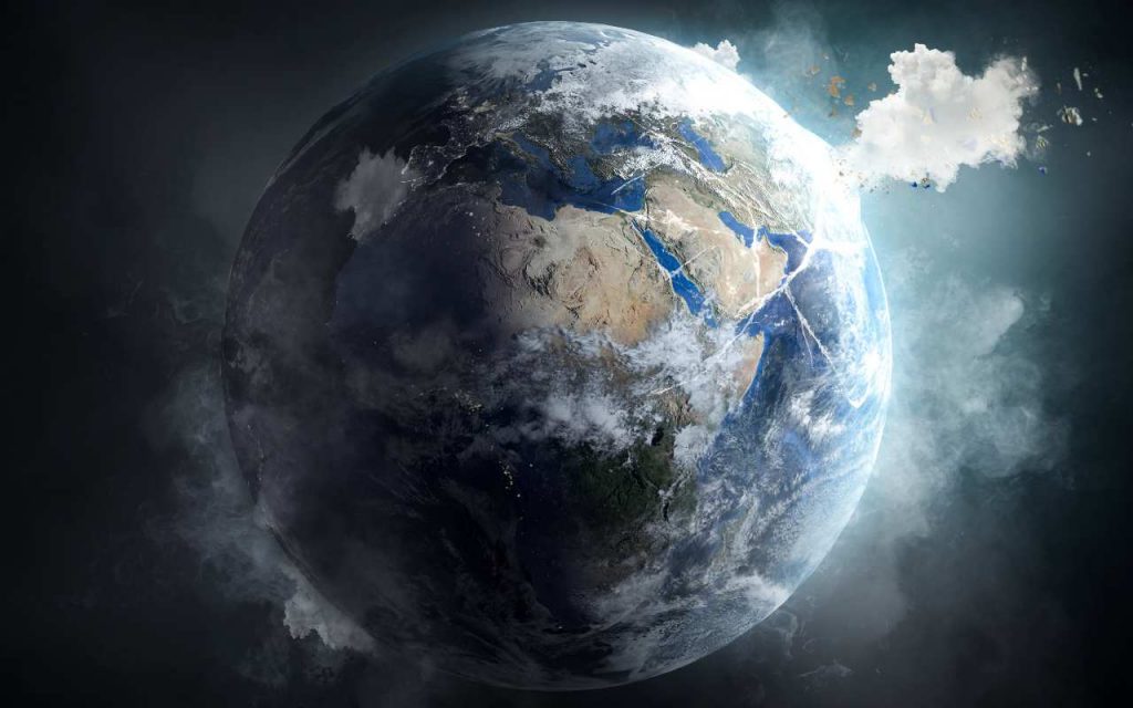 Illustrazione pianeta terra arido e ricco di smog. Distruzione dell'atmosfera e fine del mondo