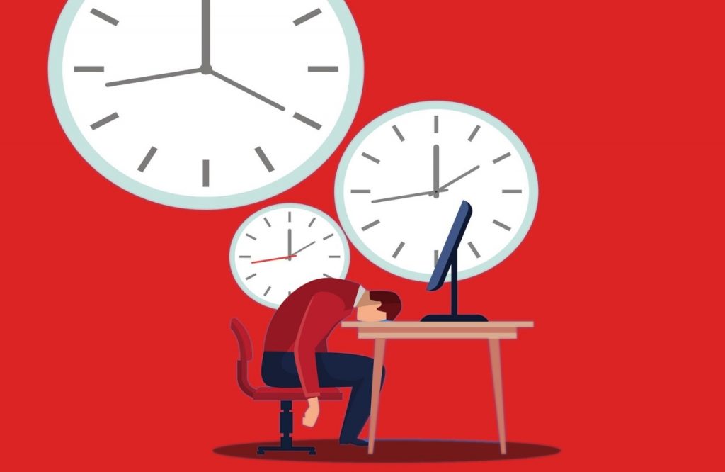 Illustrazione lavoratore stanco e orologi sopra di lui