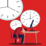 Illustrazione lavoratore stanco e orologi sopra di lui
