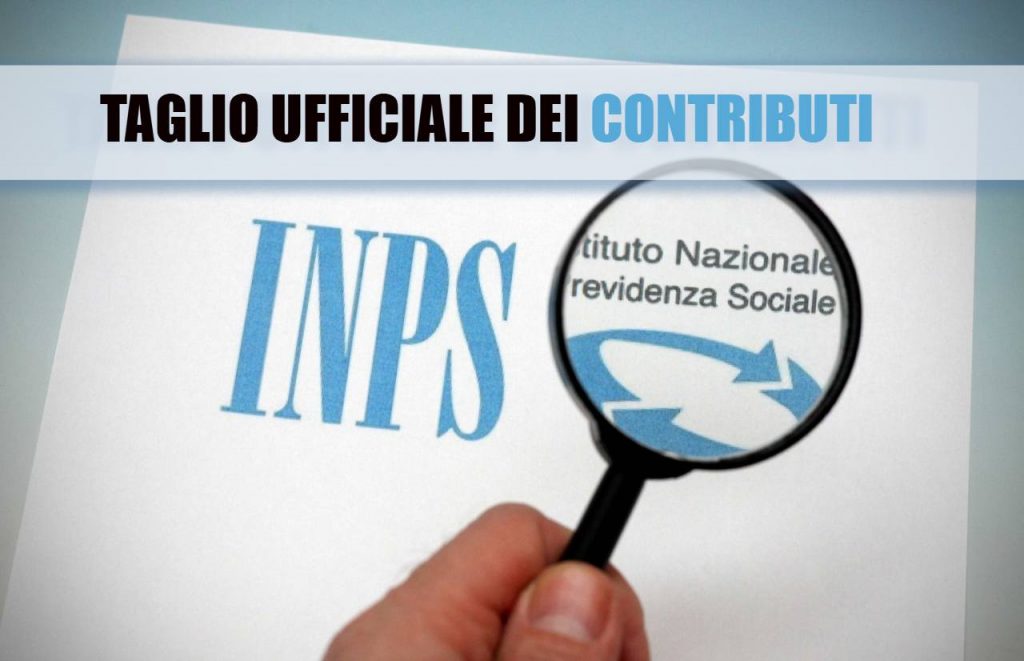 Lente d'ingrandimento su documento INPS e scritta "taglio ufficiale dei contributi"