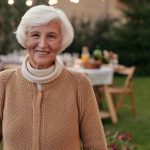 donna anziana sorridente in giardino con la tavola imbandita