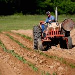 uomo sul trattore in un campo da arare